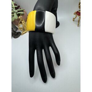 Vintage Retro Lucite Striped Chunky Bangle Bracelet Yellow White And Black